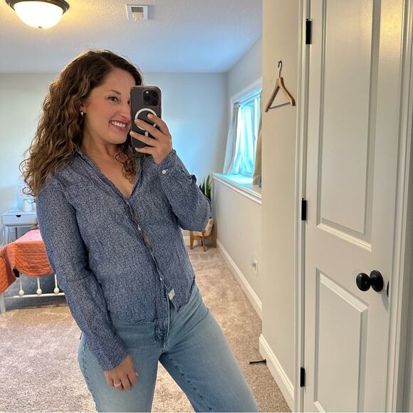 Frank & Eileen Blue Linen Barry Floral Long Sleeve Blouse Top Small - Picture 2 of 10